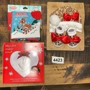 Baby essentials hat and socks. Rudolph book. Baby print ornament